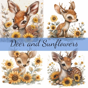 Pacote de clipart de veados e girassóis, 15 JPG de alta qualidade, arte artesanal, confecção de cartões, clipart, artesanato em papel digital, álbum de recortes