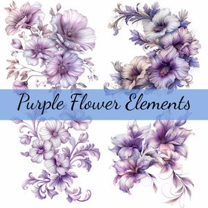 16 Lila Blumen Seitenelemente, Clipart-Bundle, 16 hochwertige JPG, Craft Art, Kartenherstellung, Clip Art, Digitales Papiermodell, Scrapbooking