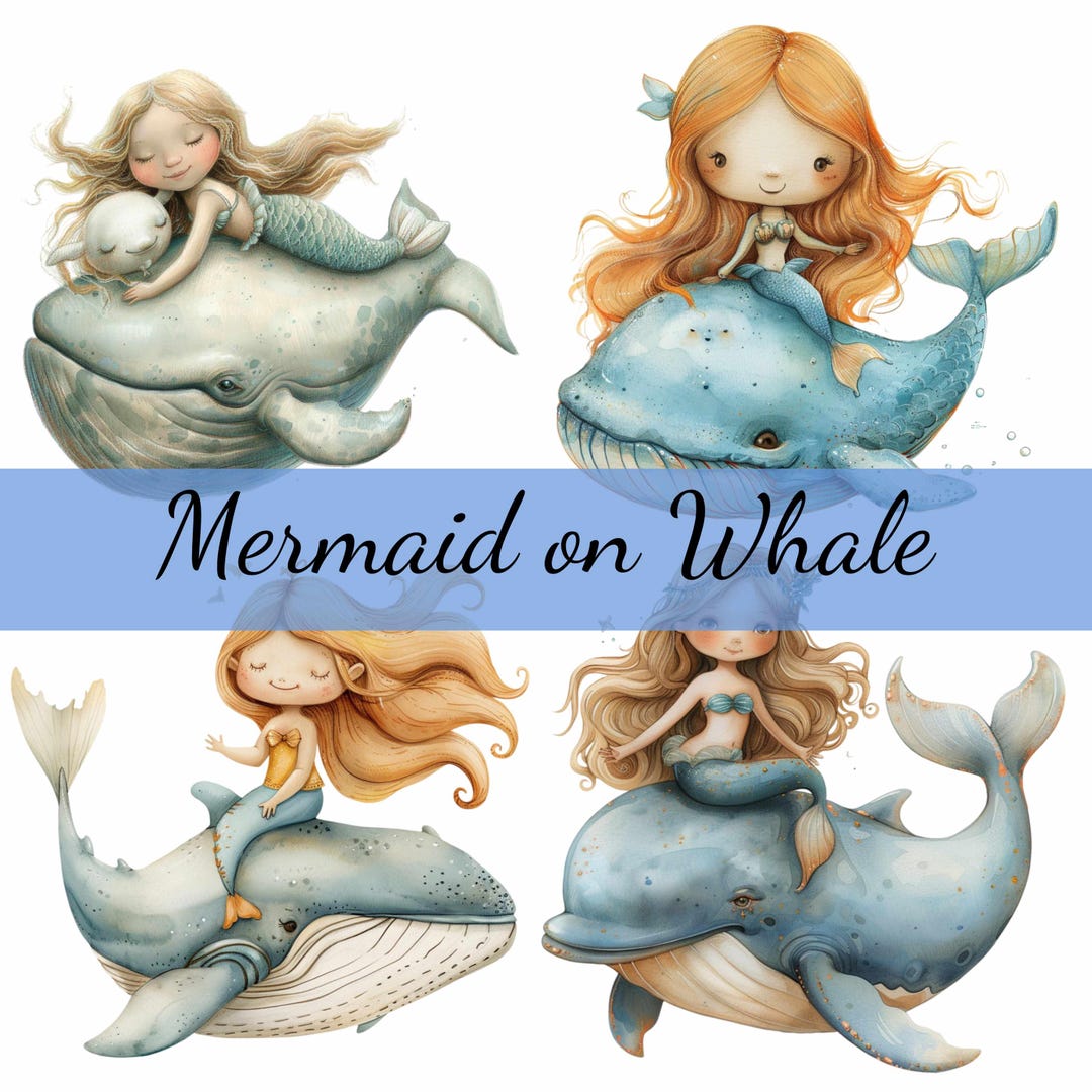 14 Mermaid on a Whale Clipart Bundle, 14 High-quality JPG, Craft Art ...
