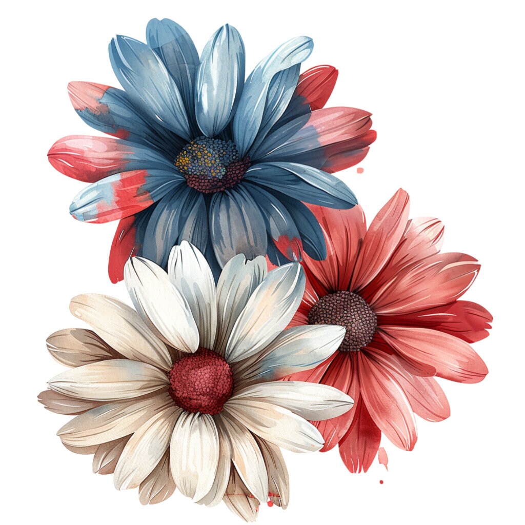 Red White Blue Daisy Flowers Clipart Bundle, 16 High-quality JPG, Craft ...