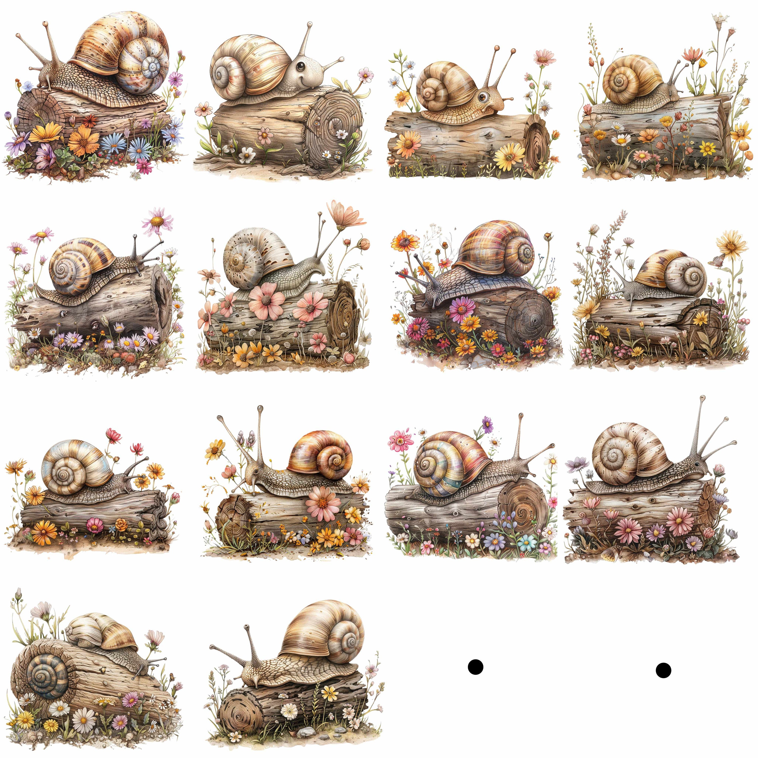 14 Snail on Log With Flowers Clipart Bundle, 14 High-quality JPG