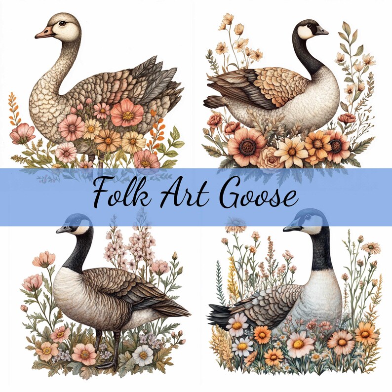Folk Art Goose With Flowers Clipart Bundle 12 Transparent PNG Download