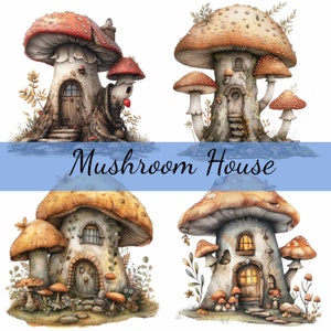 16 Mushroom House in Woods clipartbundel, 16 hoogwaardige JPG, ambachtelijke kunst, kaarten maken, illustraties, digitale papierkunst, scrapbooking