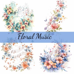 16 bloemen muzieknoten bloem clipartbundel, 16 hoogwaardige JPG, ambachtelijke kunst, kaarten maken, illustraties, digitale papierkunst, scrapbooking