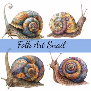 Lot de 16 cliparts d'art populaire escargot, 16 fichiers JPG de haute qualité, création artistique, fabrication de cartes, clipart, créations numériques sur papier, scrapbooking