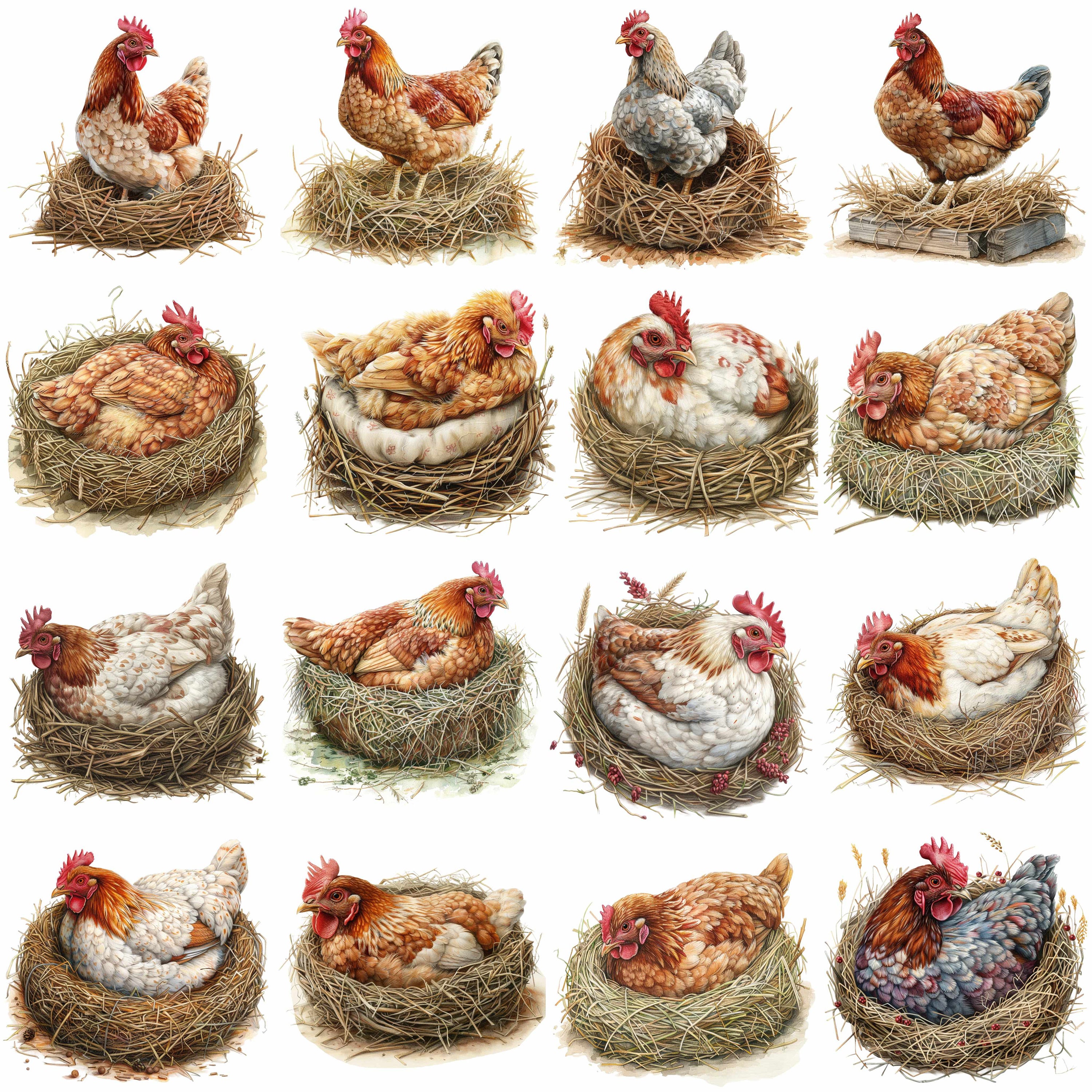 16 Hen Chicken on a Nest Clipart Bundle, 16 High-quality JPG, Craft Art ...
