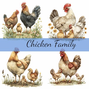 Lot de 15 cliparts famille poulet coq poussin, 15 JPG de haute qualité, création artistique, fabrication de cartes, clipart, créations numériques sur papier, scrapbooking