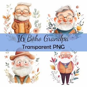 Paquete de 16 imágenes prediseñadas de acuarela de abuelo bohemio, PNG transparente, descarga, tarjeta, clip art, manualidades de papel digital, álbumes de recortes, guardería, dibujos animados