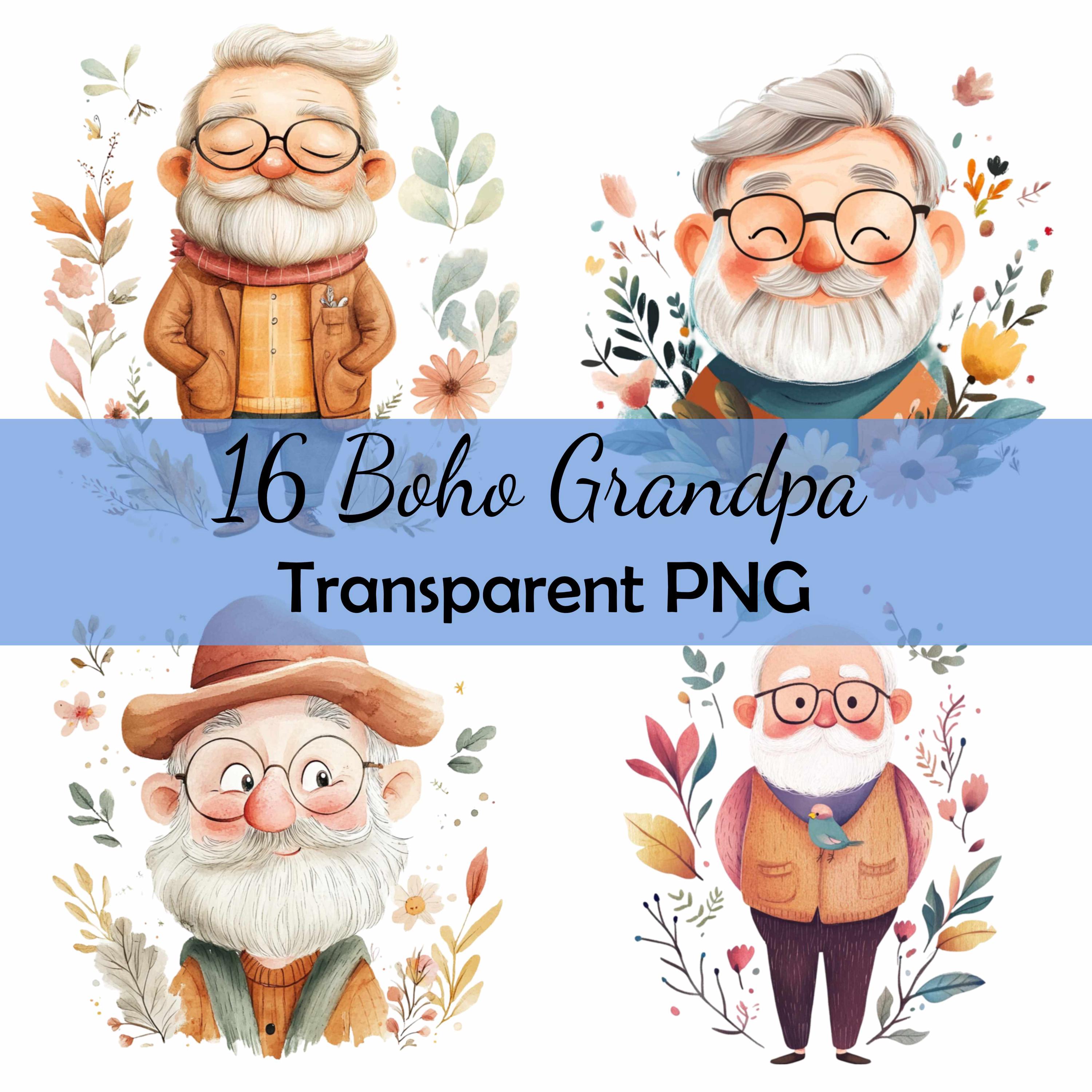 16 Boho Grandfather Watercolor Clipart Bundle Transparent PNG Download, Card, Clip Art, Digital Paper Craft Scrapbooking Nursery Cartoon