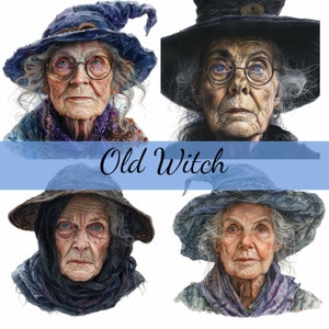 May include: Four illustrations of older women with gray hair wearing witch hats and scarves. The women are depicted with different facial expressions and poses. The title "Old Witch" is written in cursive across the top of the image.