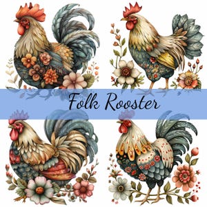 16 Volkskunst Hahn Huhn Blumen Clipart Bundle, 16 hochwertige JPG, Handwerkskunst, Kartenherstellung, Clip Art, digitales Papiermodell, Scrapbooking