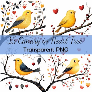 16 oiseau canari en coeur arbre Clipart Bundle, téléchargement PNG Transparent, carte, clipart, papier numérique artisanat scrapbooking, art populaire de la Saint-Valentin
