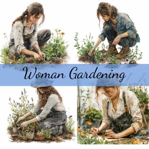 Paquete de 16 imágenes prediseñadas de mujeres en jardinería, 16 archivos JPG de alta calidad, manualidades, creación de tarjetas, imágenes prediseñadas, manualidades con papel digital, álbumes de recortes