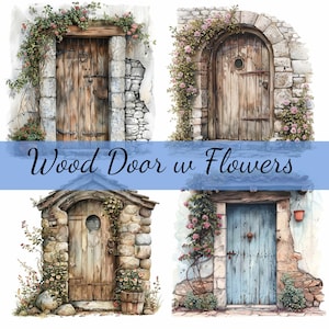 16 oude houten deur stenen huis bloemen clipartbundel, hoogwaardige JPG, ambachtelijke kunst, kaarten maken, illustraties, digitale papierkunst, scrapbooking