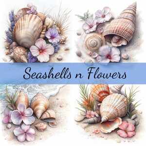 Lot de 16 coquillages fleurs plage sable, 16 images JPG de haute qualité, fabrication de cartes, clipart, créations numériques sur papier, scrapbooking art folklorique