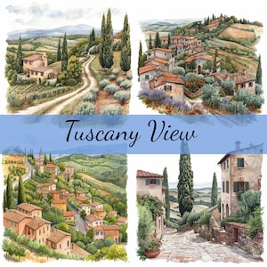 Pacote de 16 clipart de vista do campo da Toscana, 16 JPG de alta qualidade, arte artesanal, criação de cartões, clip art, artesanato em papel digital, scrapbooking