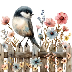 Bird on a Fence w Flowers 2 Clipart Bundle, 16 JPG and Transparent PNG Download, Card Making, Clip Art, Digital Paper Craft, Scrapbooking