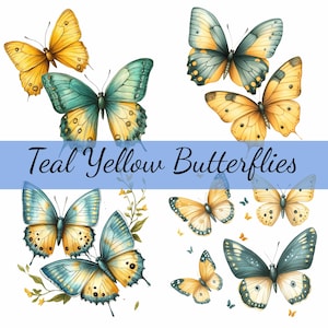 16 bundle di clipart di farfalle blu e verde acqua gialle, JPG di alta qualità, arte artigianale, creazione di biglietti, clip art, artigianato di carta digitale, scrapbooking, folk