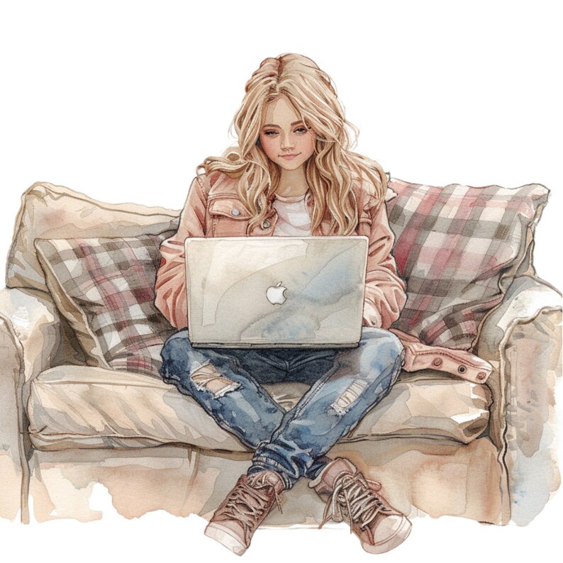 Woman on Couch With Laptop Clipart Bundle, 14 Highquality JPG, Craft