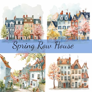 Op de afbeelding: Waterverf schilderij van een rij kleurrijke huizen met bloeiende bomen in de lente. De huizen hebben rode, blauwe en gele accenten. De tekst "Spring Row House" staat onderaan de afbeelding.