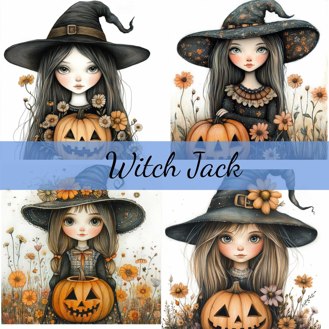 Witch Jack O Lantern Pumpkin Folk Art Clipart Bundle 15 High-quality ...