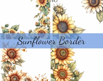 Könnte beinhalten: Vier digitale Bilder von Sonnenblumenbordüren. Jedes Bild zeigt eine vertikale Anordnung von Sonnenblumen mit grünen Blättern und Stielen. Die Sonnenblumen sind in einem realistischen Stil mit gelben Blütenblättern, braunen Zentren und grünen Blättern gezeichnet.
