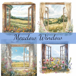 Paquete de 16 imágenes prediseñadas de ventana con vista a un prado de flores, 16 archivos JPG de alta calidad, manualidades, creación de tarjetas, imágenes prediseñadas, manualidades con papel digital, álbumes de recortes