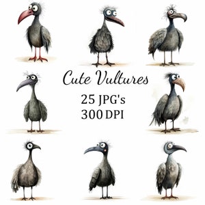 25 Cute Funny Vultures Black Bird Clipart Bundle, JPG, Card Making, Clip Art, Digital Paper Craft, Cartoon, Wall Art, Nursery Art