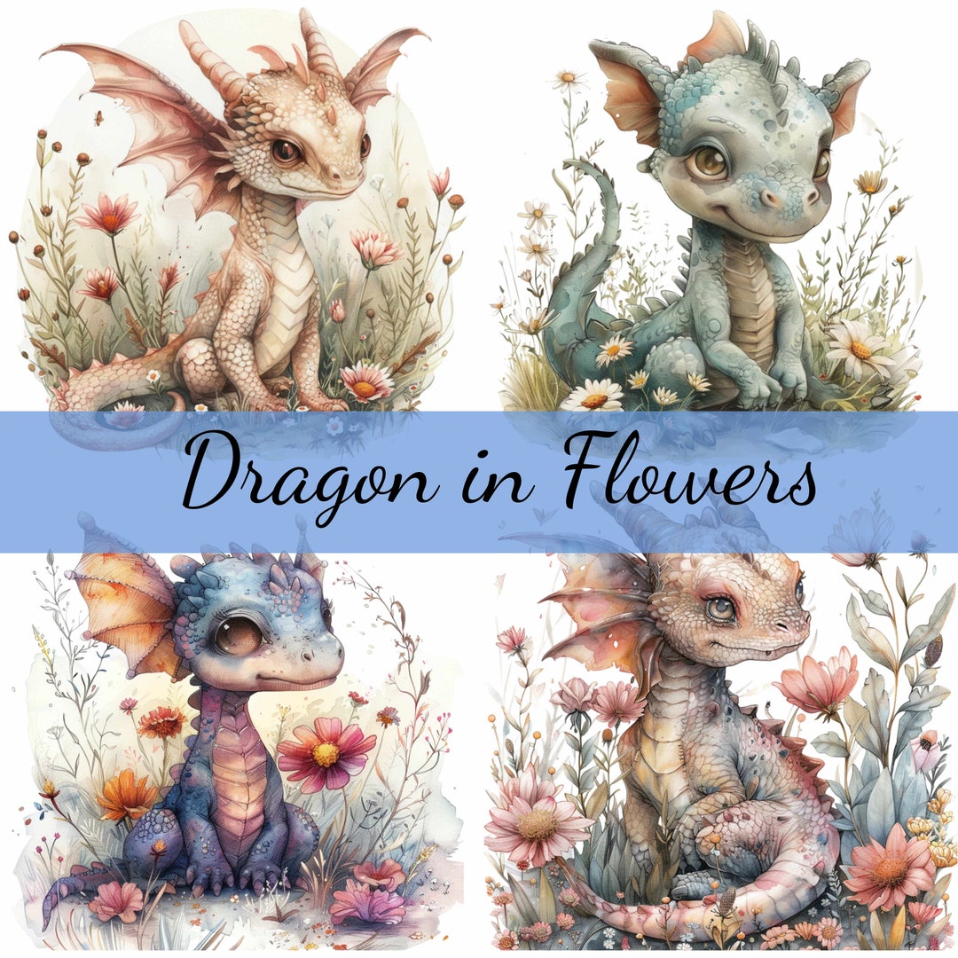 Cute Baby Dragon in Flower Clipart Bundle, 16 High-quality JPG, Craft ...