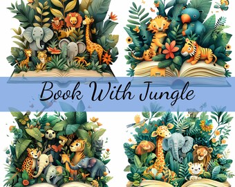 16 Open Book With Wild Animals Coming Out Clipart Bundle, High-Quality JPG, Craft Art, Card Making, Clip Art, Digital Craft, Scrapbooking