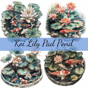 16 Koi Fish Goldfish em Lily Pad Lotus Pond Clipart Bundle, 16 JPG de alta qualidade, arte artesanal, cartão, clip art, papel digital, scrapbooking