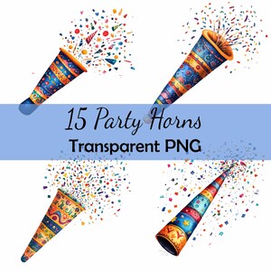 Bundle de 15 cliparts fête corne bruiteurs nouvel an téléchargement PNG Transparent, carte, clipart, créations numériques en papier, scrapbooking