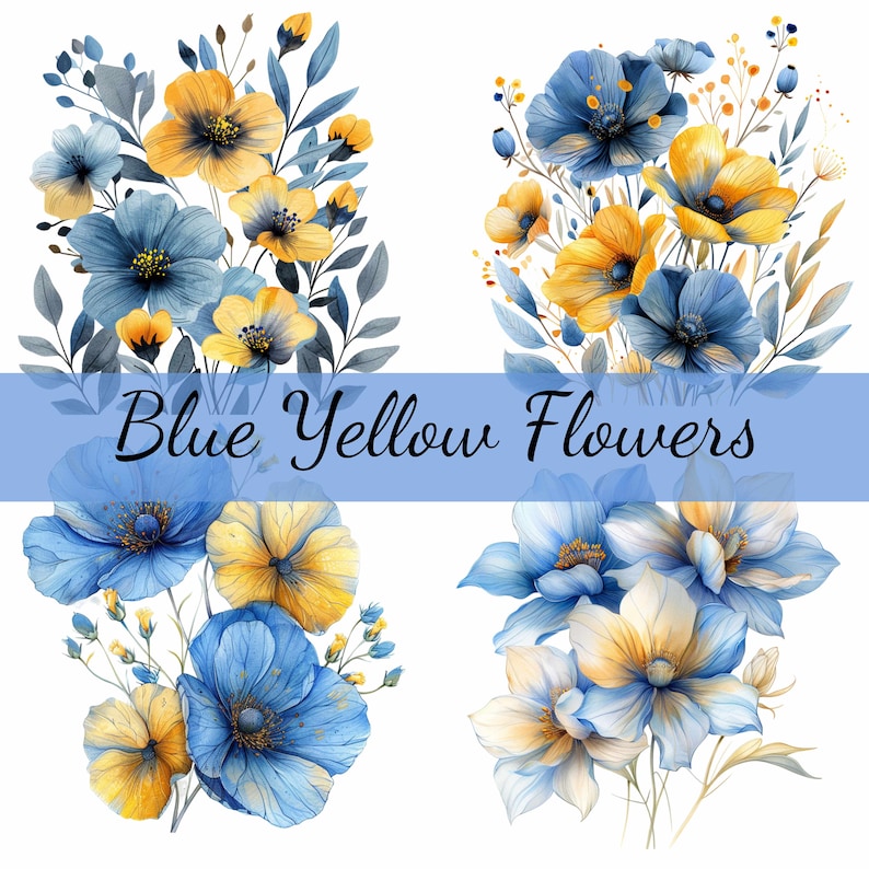 Abstract Blue and Yellow Flowers Clipart Bundle, 16 High-quality JPG ...