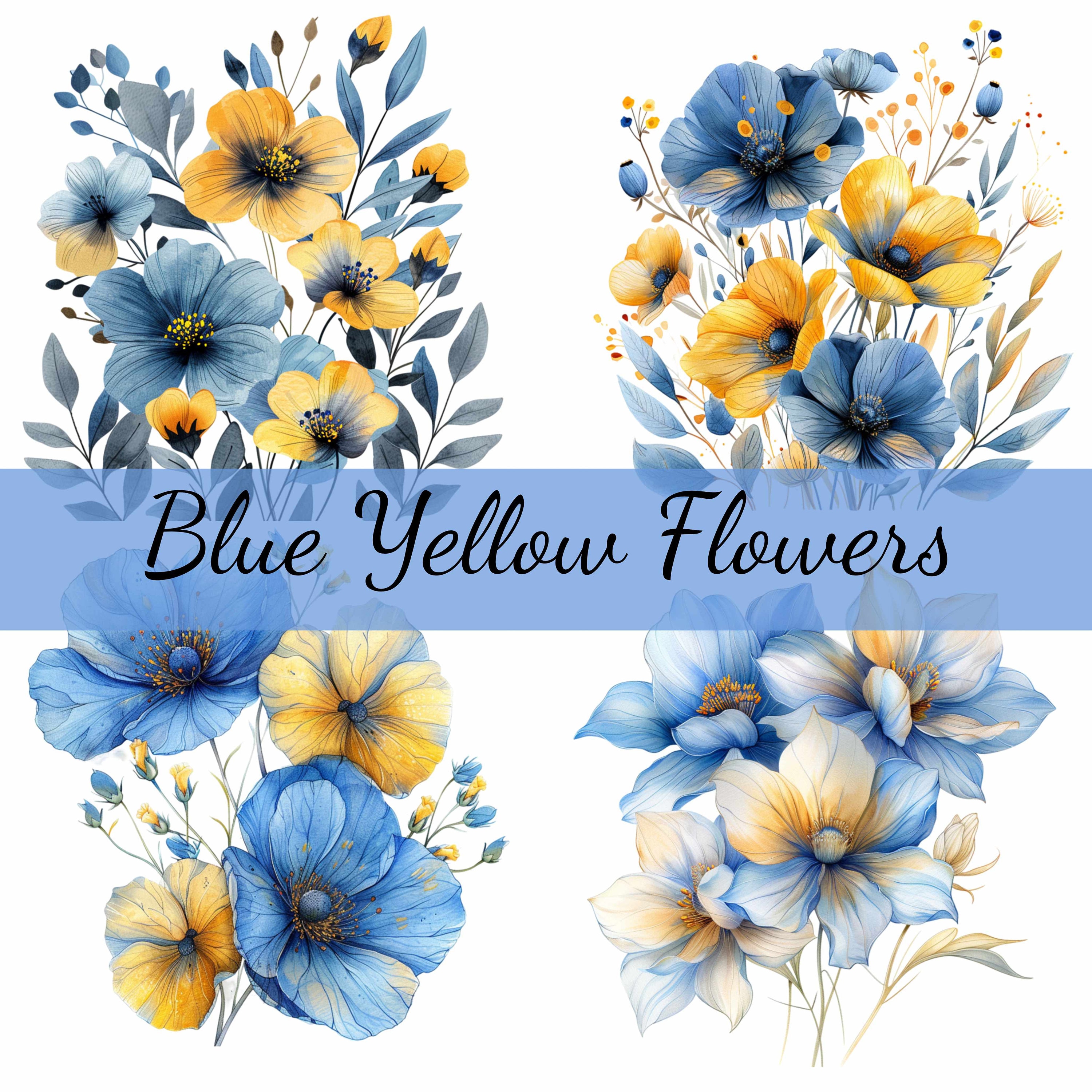 Abstract Blue and Yellow Flowers Clipart Bundle, 16 High-quality JPG ...