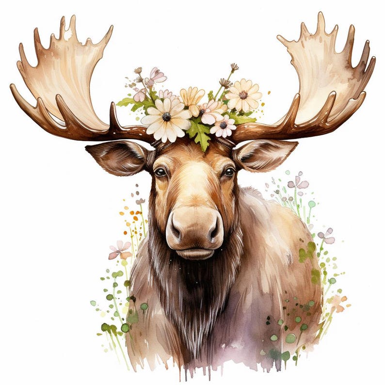 Spring Cute Moose 12 Cute Moose W Flowers Clipart Bundle, High-quality JPG, Nursery Art ...