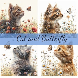Lot de 16 cliparts chat dans une prairie avec papillon, 16 images JPG de haute qualité, création artistique, fabrication de cartes, clipart, créations numériques sur papier, scrapbooking