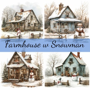Paquete de 16 imágenes prediseñadas de casas de campo de invierno con muñecos de nieve, 16 imágenes en formato JPG de alta calidad, manualidades, creación de tarjetas, imágenes prediseñadas, manualidades con papel digital, álbumes de recortes