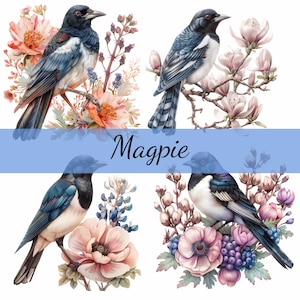 Bundle de 16 cliparts pie oiseau sur fleurs, 16 fichiers JPG de haute qualité, création artistique, fabrication de cartes, clipart, créations numériques sur papier, scrapbooking