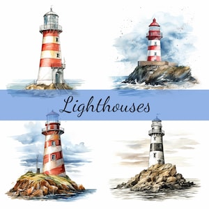 15 bundle di clipart di Lighthouse by Sea, JPG di alta qualità, arte artigianale, creazione di biglietti, clip art, artigianato di carta digitale, scrapbooking