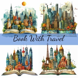 14 Reisestädte auf einem Buch, Clipart-Bundle, 14 hochwertige JPG, Craft Art, Kartenherstellung, Clip Art, Digitales Papiermodell, Scrapbooking