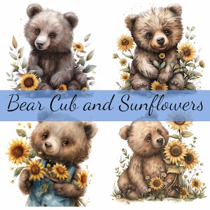 Pacote de 16 clipart fofos de girassóis de urso marrom, JPG de alta qualidade, arte artesanal, criação de cartões, clip art, artesanato em papel digital, scrapbooking