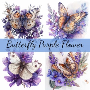 16 Schmetterling auf lila Blume, Clipart-Bundle, 16 hochwertige JPG, Craft Art, Kartenherstellung, Clip Art, Digital Paper Craft, Scrapbooking