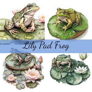 Pacote de 16 sapos em uma almofada de lírio com clipart de flores, 16 JPG de alta qualidade, arte artesanal, criação de cartões, clip art, artesanato em papel digital, scrapbooking