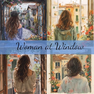 Paquete de 16 imágenes prediseñadas de mujeres mirando por la ventana, 16 imágenes en formato JPG de alta calidad, manualidades, creación de tarjetas, imágenes prediseñadas, manualidades con papel digital, álbumes de recortes