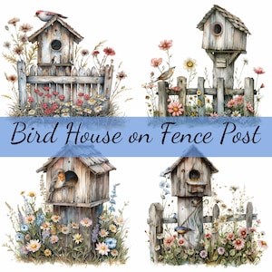 16 Casa de passarinho antiga na cerca com flores Clipart Bundle, JPG de alta qualidade, arte artesanal, criação de cartões, clip art, artesanato em papel digital, scrapbooking