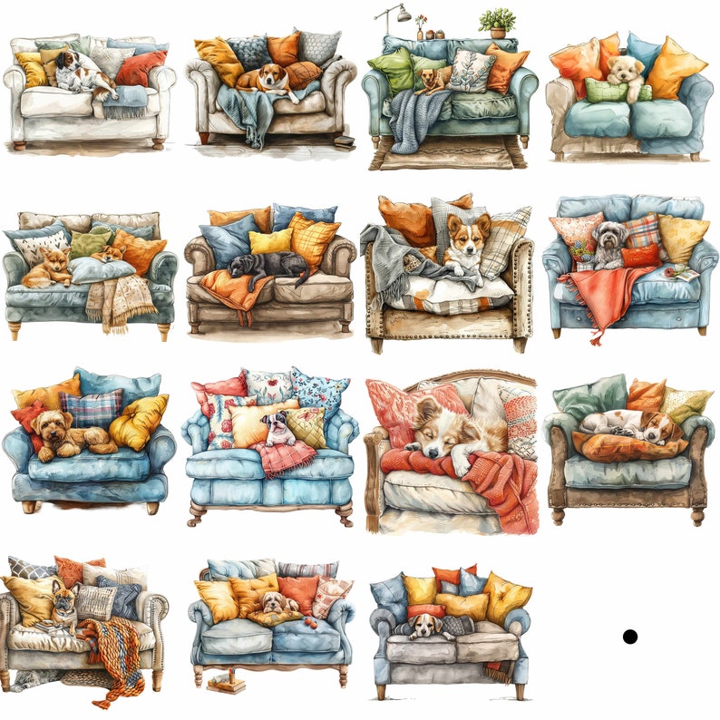 Dog on a Couch Clipart Bundle, 15 Highquality JPG, Craft Art, Card