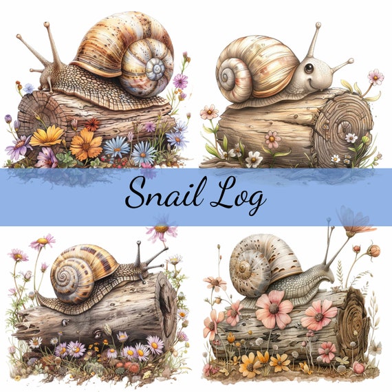 14 Snail on Log With Flowers Clipart Bundle, 14 High-quality JPG