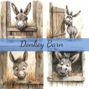 16 Silly Donkey in a Barn Cartoon clipartbundel, 16 hoogwaardige JPG, Craft Art, kaarten maken, illustraties, Digital Paper Craft, scrapbooking