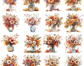Autumn Leaves Fall Flower Bouquet Clipart Bundle, 16 High