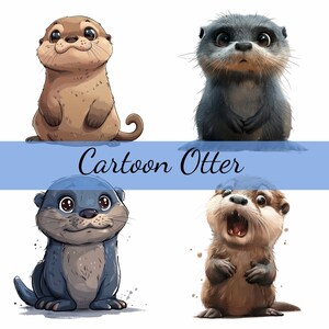 Lot de 16 cliparts loutre de dessin animé original, 16 fichiers JPG de haute qualité, création artistique, fabrication de cartes, clipart, créations numériques sur papier, scrapbooking